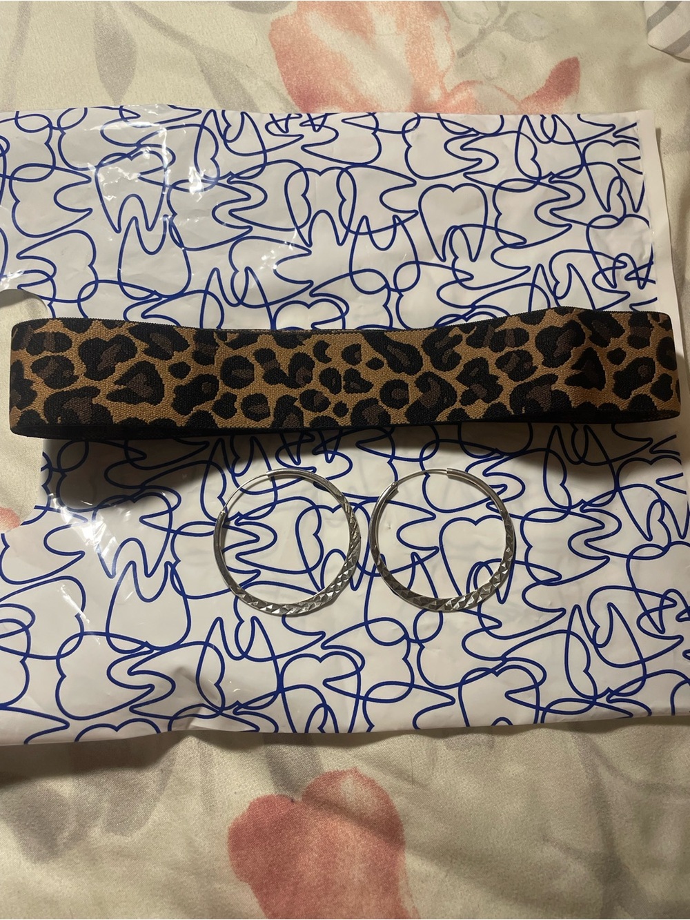 Leopard Print Stretch Headband with Silver Hoop Earrings